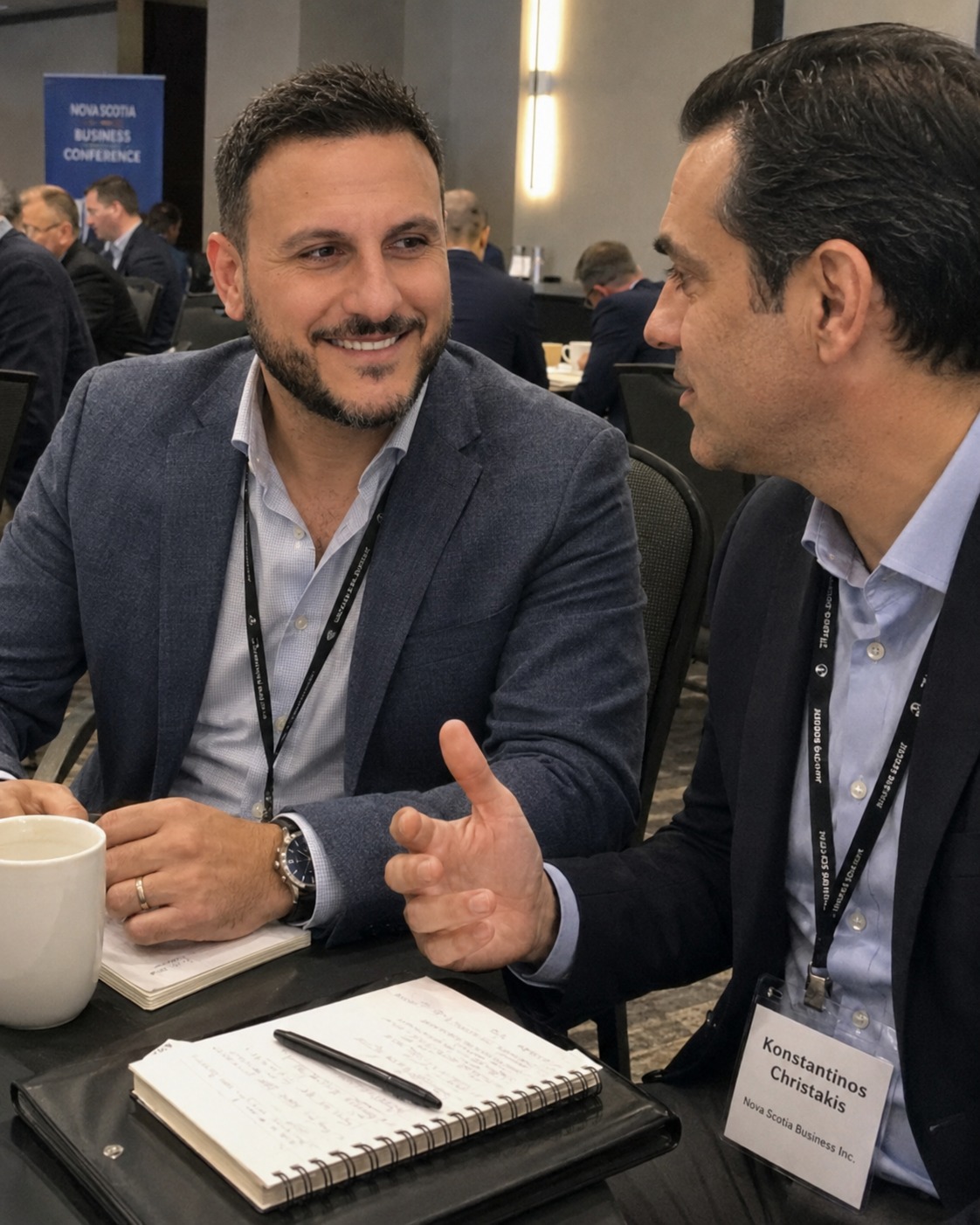 Ioannis Athanasiou speaking with Konstantinos Christakis at a Nova Scotia business conference